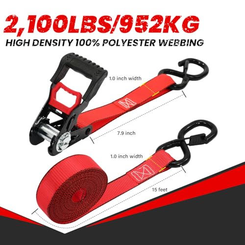 Image of Ratchet Straps (4 Pack) - 1in x 15ft Motorcycle Strap Tie Downs with 15ft Soft Loops - 2,100lb Break Strength Ratchet Tie Down Straps for Motorcycles, Truck, Cargo - Safety S Hook, Storage Bag