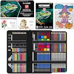 KALOUR 135 Set de dessin Kit de croquis, fournitures d'art avec 3-color Livre de croquis & Papier colorant, y compris le tutoriel, à base d'huile, le néon,Graphite, Charbon, Aquarelle & Crayon métallique, pour artiste Adultes Débutant