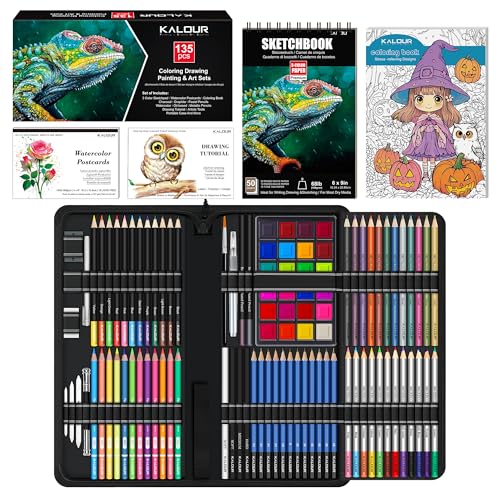 KALOUR 135 Zeichen-Set Skizzier-Kit, Zeichenmaterial mit 3-Farben-Skizzenbuch & Zeichenpapier, Inklusive Anleitung, Öl-basiert, Neon, Kohle, Aquarell & Metallische Stifte, für Künstler Anfänger