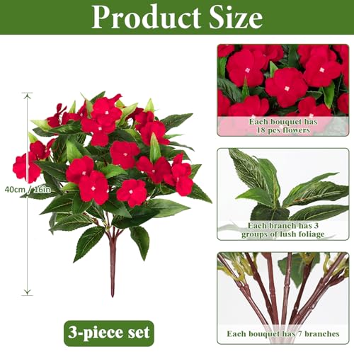 KHOYIME Artificial Flowers for Outdoors, 3PCS Red Fake Impatiens Flower Bouquet Faux Silk Floral Stems Plants Bulk UV Resistant Indoor Decorations for Table Centerpieces Home Garde image 2