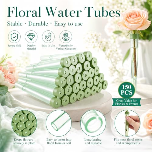 Image of Tessco for you 150 Pcs Floral Water Tubes 4.5 Inch Floral Tubes Plastic Flower Supplies for Fresh Flowers with Rubber Cap for Flower Stem Arrangements Florist Supplies(Light Green)