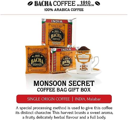Bacha Coffee | Monsoon Secret India Single Origin, Medium Dark Roast, 100% Arabica Specialty Coffee, 12 Coffee Drip Bags, Gift Box