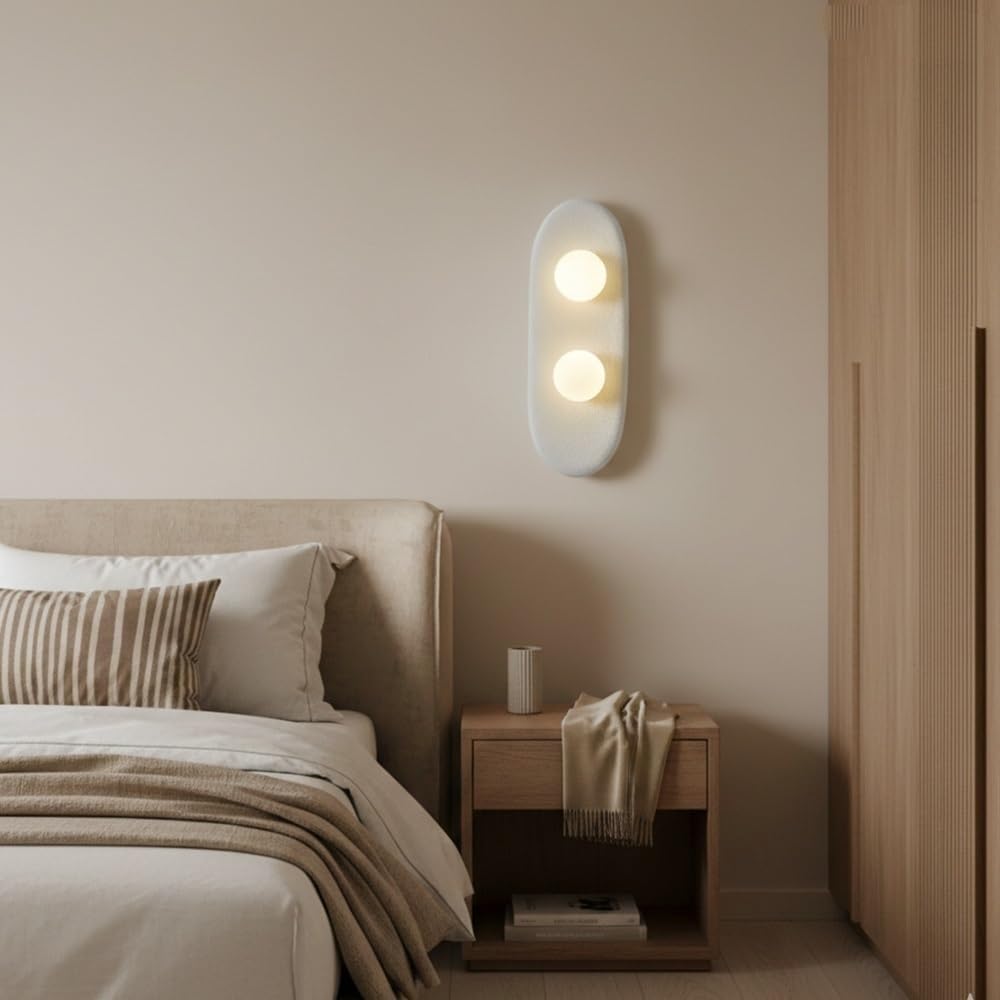 Modern Textured Art Wall Sconce, Creative Oval Wall Lamp, White Polymer Two Light Fixture with Glass Globes, Minimalist Vanity Light for Hallway, Living Room, Bedroom Accent Wall Parlor