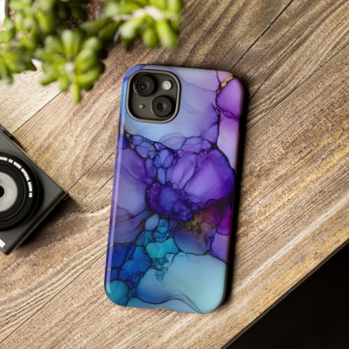 Coque iPhone 15 Plus encre à l'alcool violet et bleu vitrée