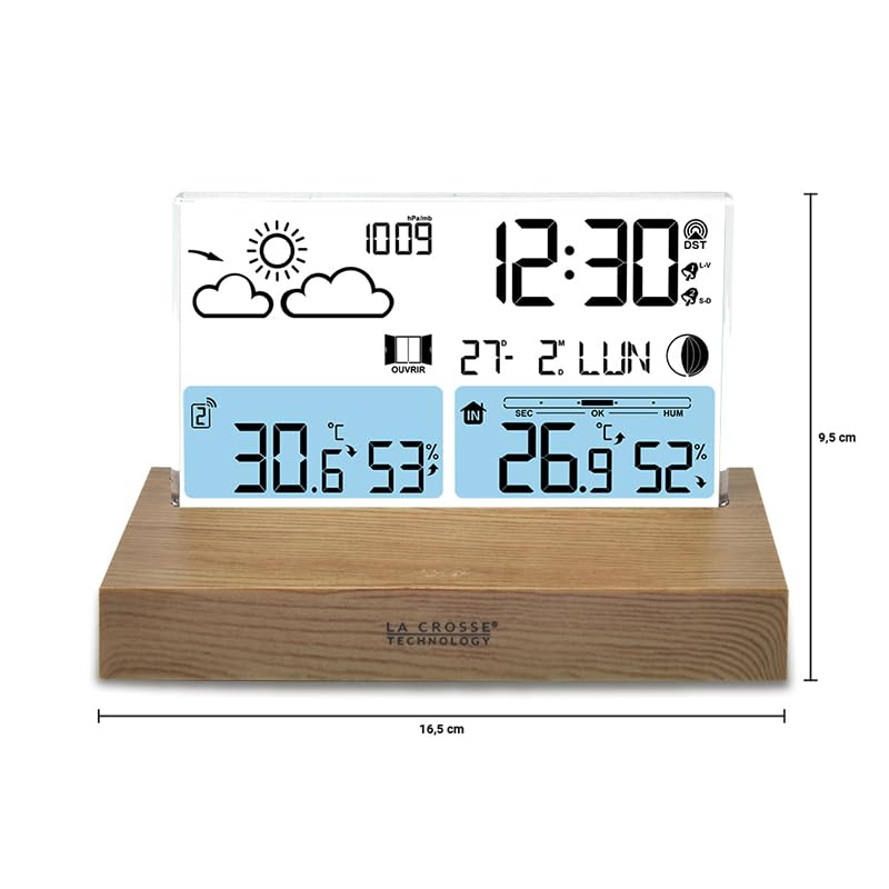 Diagram showing the dimensions of the La Crosse Technology WS6207 weather station, with a width of 16.5 cm and a height of 9.5 cm.