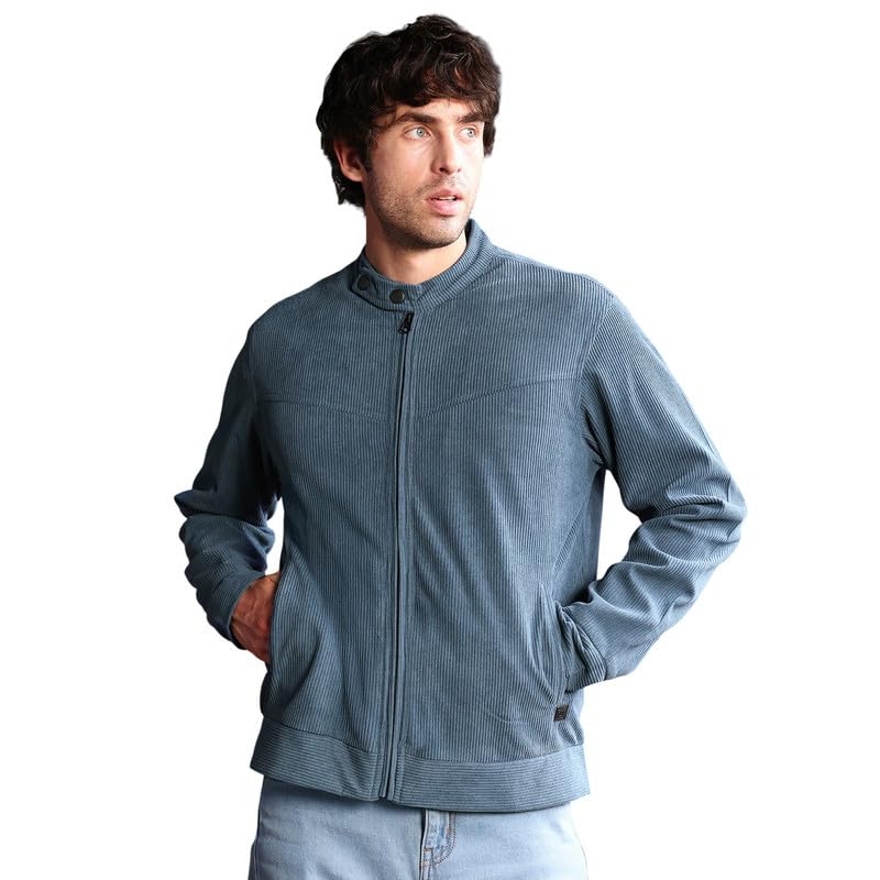 cahoot Me Jacket | Band Collar, Long Button-Cuff Sleeves | Zipper, Straight Hem | Solid Textured | Woven Fabric For Casual & | Aegean Blue-picture-32