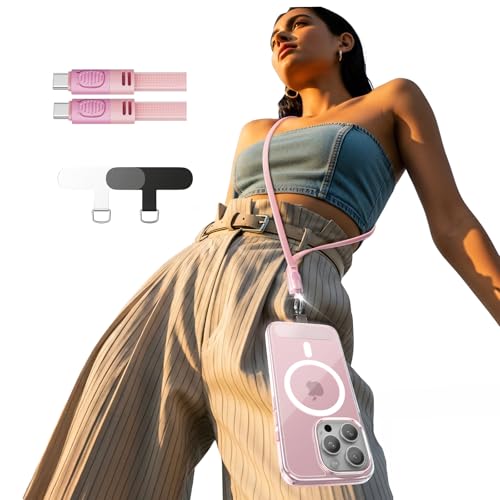 LISEN Crossbody Lanyard Teacher, 60W USB C to USB C Cable Cell Phone Chain Anti-Theft Crossbody Strap for iPhone 16, 15 and Most Smartphones, Cell Phone Neck Holder for Women, Pink