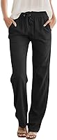 JEKAOYI Women's High Waist Drawstring Linen Blend Straight Leg Pants - Casual Vacation Lounge Trousers with Pockets