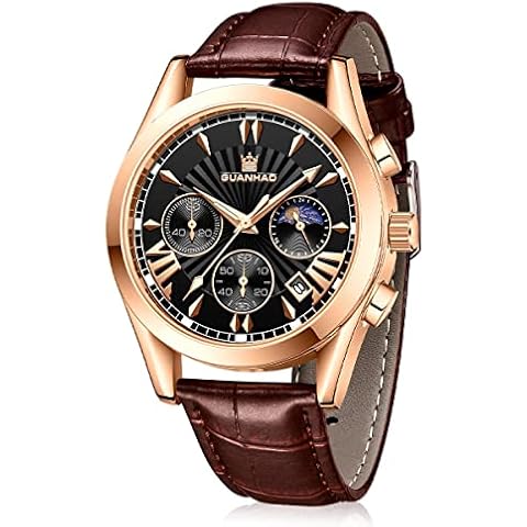GUANHAO Men Watch Leather Strap, Sports Waterproof Watches for Men Multifunction Wristwatch with Chronograph Date, Black Brown Band, Rose gold, Chronograph,Quartz Movement Cover