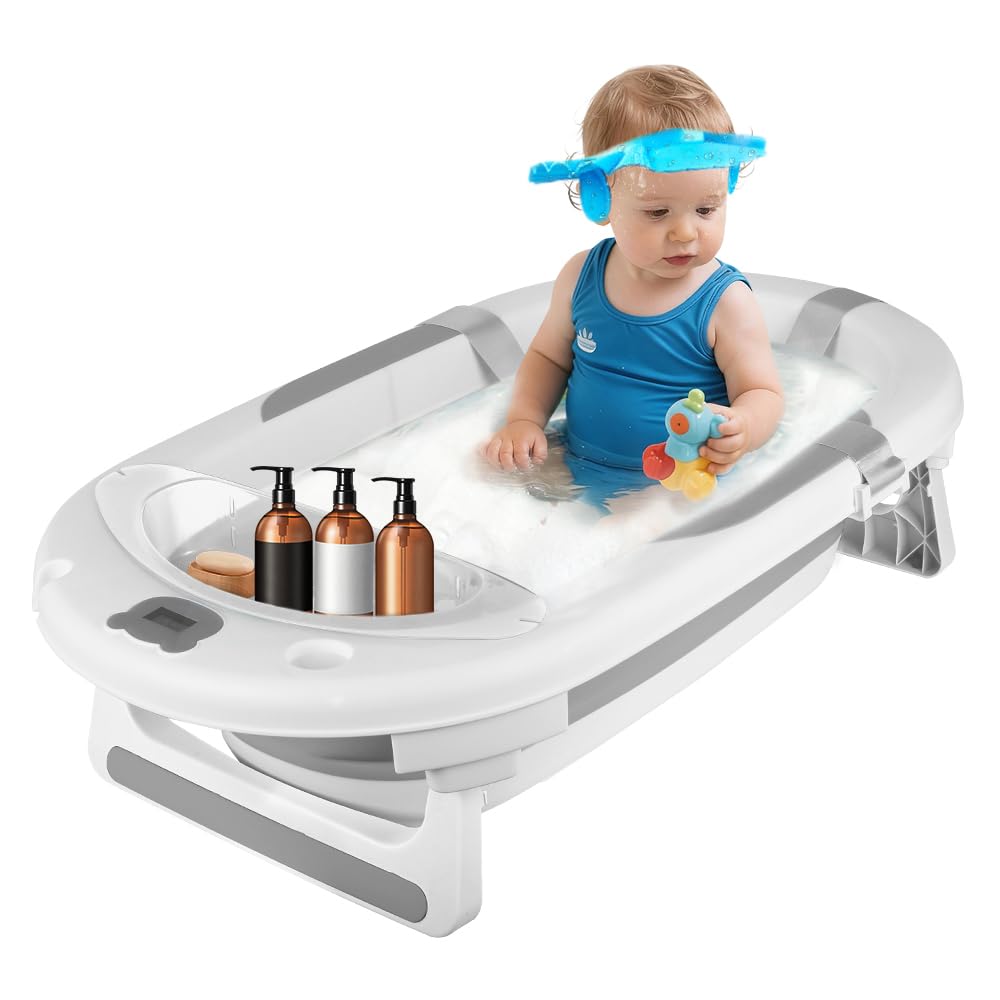 Bañera de bebé plegable con termómetro integrado, baño cómodo con soporte de almacenamiento, ideal para ducha, fácil de limpiar, incluye colchón y gorro de baño (gris)