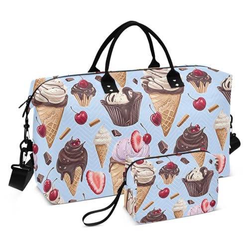 Chocolate Ice Cream Cherry Large Travel Duffle Bag Weekender Overnight Bags Gym Yoga Bag for Women Men with Toiletry Bag