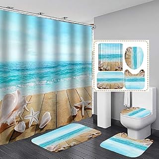 ISENPENK Bath Mat Set 4 Piece Anti Slip Bathroom Rugs Set Pedestal Rug + Lid Toilet Cover + Bath Mat + Waterproof Shower Curtain (Style D-03)