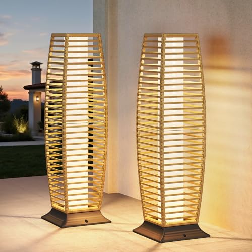 Grand patio 2-Piece Outdoor Floor Lamp Solar Lantern, Water-Resistant Wicker Boho Patio Light with 50/100 Lumens Dual Brightness & Memory Mode for Gar
