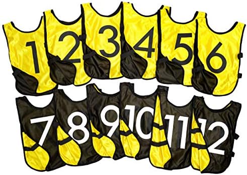 LVL10 Sports Pinnies - Reversible and Numbered Practice Vest Pennies for Soccer, Basketball Team Scrimmages - Adults and Kids (Pack of 12; 1-12) (Yellow/Black, Large)
