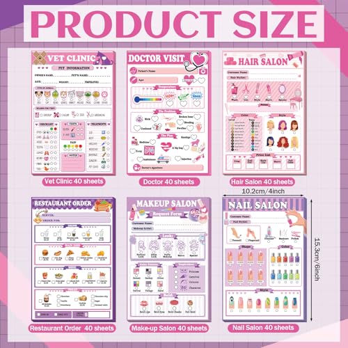 Image of Eaasty 6 Pack Kids Pretend Play Notepads 4x6 Inch,Girls | 6 Career Themes Dental Police Vet Makeup Restaurant, 40 Pages per Notepad for Toddlers Imaginative Activity and Learning
