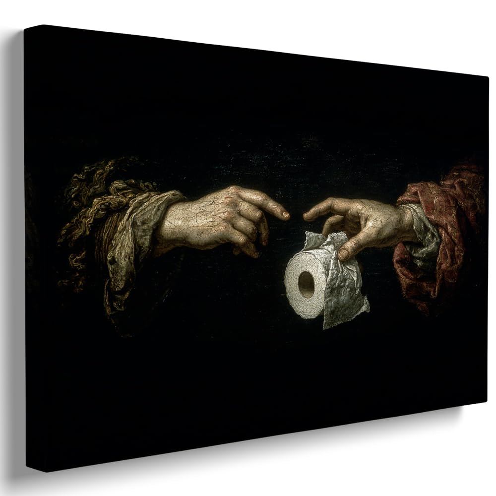 Funny Bathroom Wall Art Canvas Print, Vintage Style Hands Reaching Toilet Paper, Gothic Renaissance Aesthetic Poster Wall Decor for Restroom 30x40cm Wood Framed