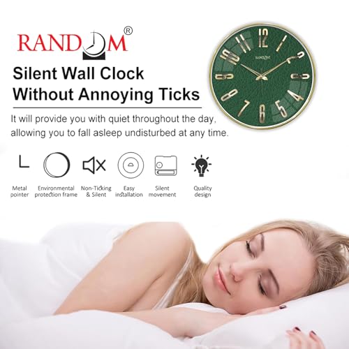Image of RANDOM Silent Wall Clock, Green, 12.75 Inch, Non-Ticking Quartz Movement, Metal Hands, HD Glass, Foiling 3D Numbers, Gold Frame