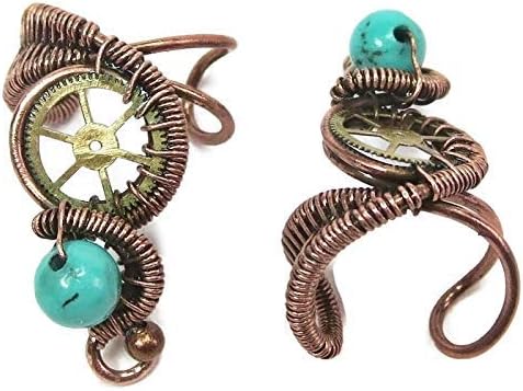 Turquoise and Bronze Steampunk Ear Cuff; Non-pierced Earring - RIGHT EAR ONLY