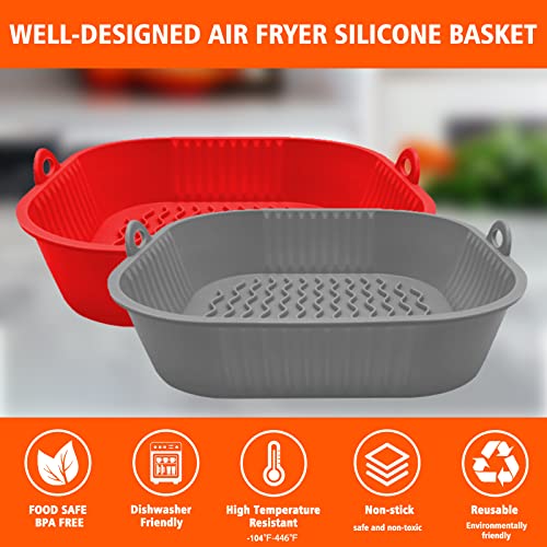 2Pcs Air Fryer Silicone Liners, 8Inch Reusable Food Grade Silicone Air Fryer Baking Tray Basket Accessories Replacement Of Flammable Disposable Parchment Paper Fit 4-7Qt Airfryer（Red +Grey） #TOP2