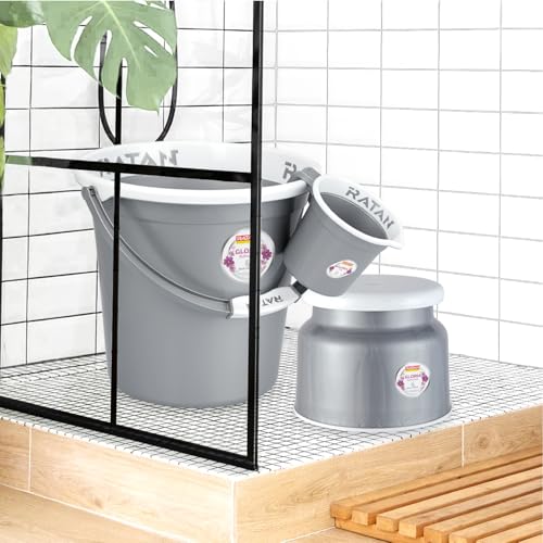 Image of RATAN PLASTICWARE Plastic Bathroom Set of 5 Pieces Combo Pack Gloria Plain, NIR Silver, 18 Liters & 20 Liters Bucket + Nova Stool Patla 107 + Two Gloria Plain Bath Mug 1 Liter