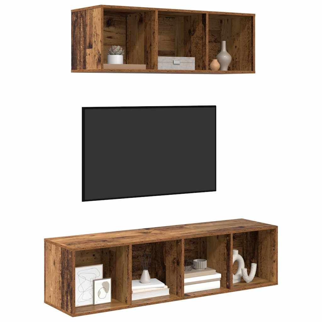TV-Schrankset Wandmontiert 2-teilig, Altholz Optik, Holzwerkstoff, schwebendes Lowboard für Wohnzimmer, Media Center, 37x37x142,5 cm