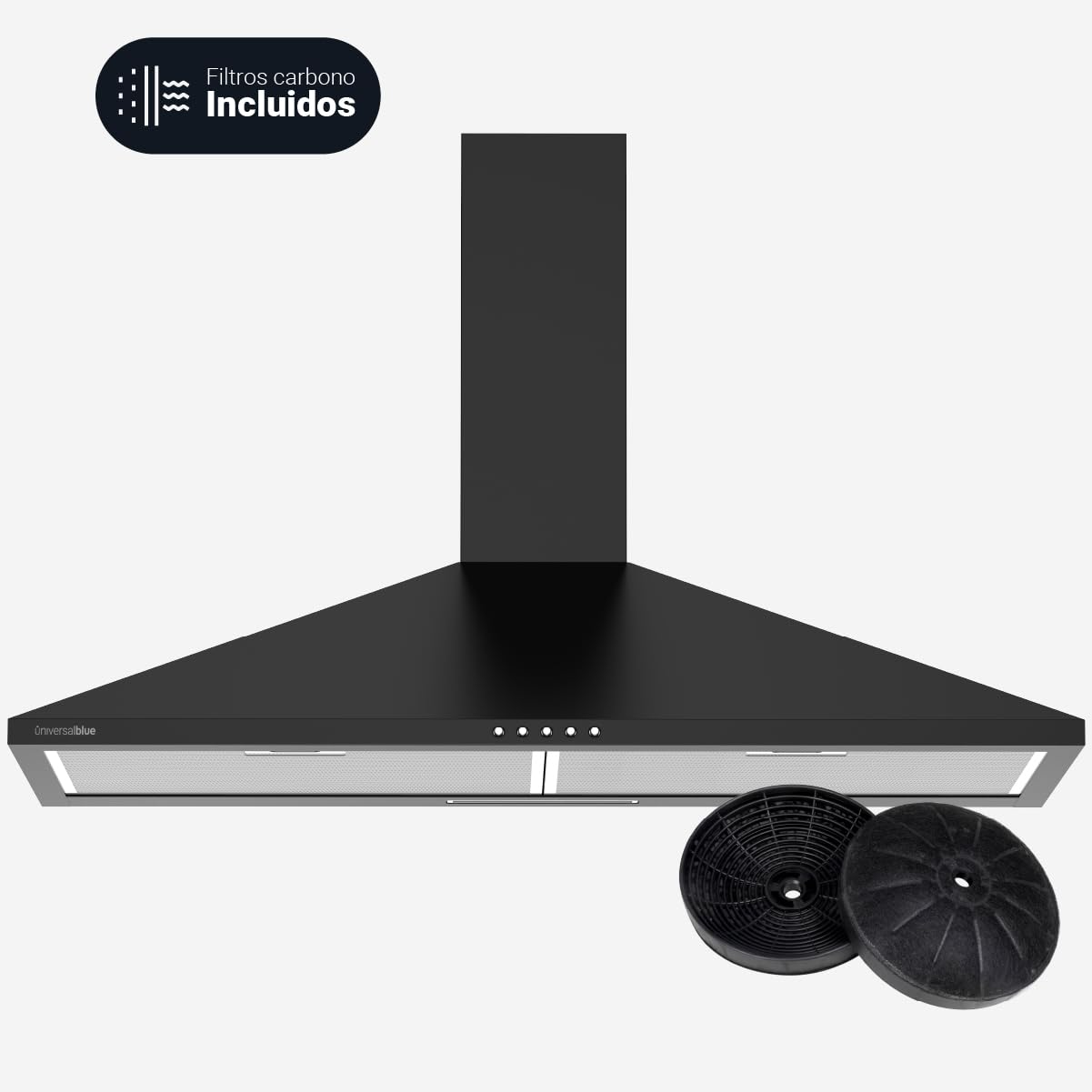 UNIVERSALBLUE Campana Extractora Piramidal Negra 90 cm | Extractor Aire | Filtros de Carbono | 3 Velocidades | Control por Botones | Clase Energética C | Campana Sin Salida de Humos