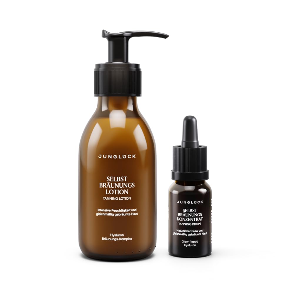 JUNGLÜCK Care & Tan Kombi – Selbstbräunungslotion 130ml + Selbstbräunungskonzentrat 15ml – mit DHA, Erythrulose, Hyaluronsäure & Squalan – natürliche Bräune ohne UV von Kopf bis Fuß