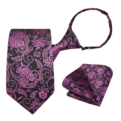 Image of HISDERN Pre Tied Ties for Men Adjustable Mens Tie Classic Paisley Stripe Necktie and Pocket Square Set for Wedding Party