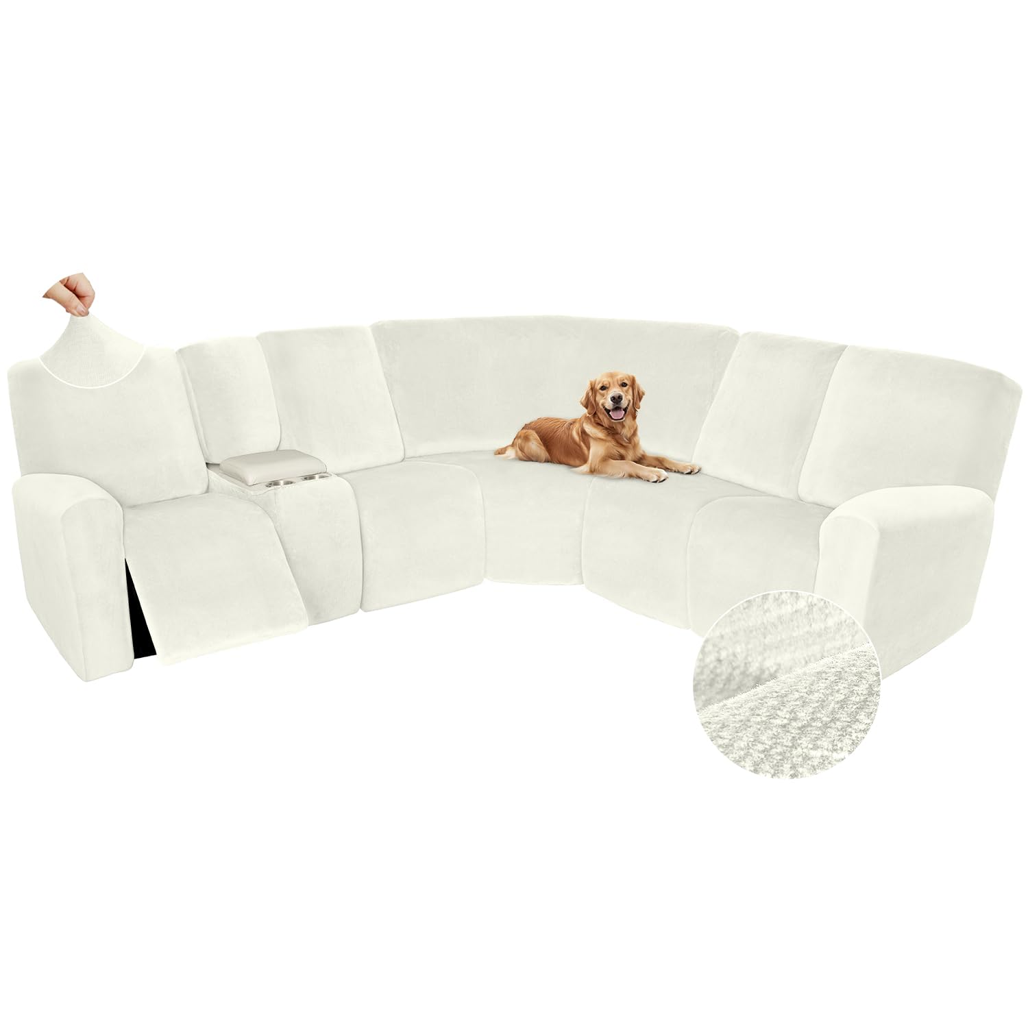 Arfntevss Sectional Recliner Couch Covers Velvet Washable Corner Sectional Sofa Cover for Reclining Couch Stretch Soft L Shape Recliner Slipcover Set (SM 5 Seat with 1 Console Cover, Cream)
