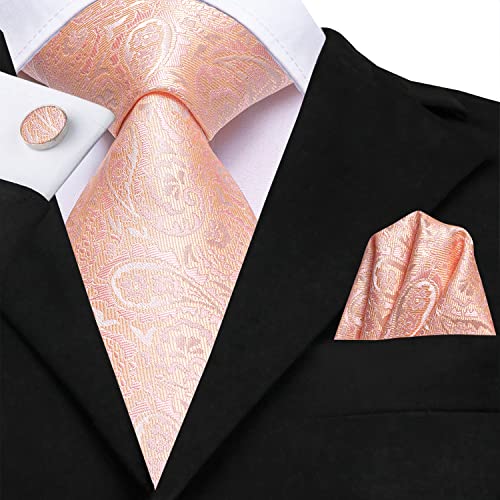 Image of Dubulle Mens Paisley Striped Tie and Handkerchief Cufflinks Tie Set for Men Wedding Business Formal,Incarnadine Pink