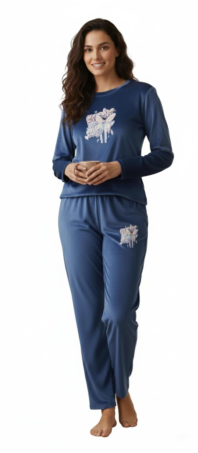 Women's Cozy Loungewear Set, Super Soft Velour Cotton Pajamas with Graphic Print, Long Sleeve Top and Pants Without Pocket, Casual Home Wear-picture-23