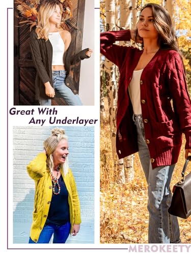 MEROKEETY Women's Cable Knit Cardigan Sweaters 2026 Fall Spring Long Sleeve Open Front Button Down Trendy Outerwear Coats, Darkbrown, Medium - Thumbnail 7