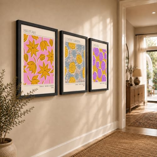 Image of NoWorries Trendy Abstract Floral Art Wall Frames | Modern Botanical Prints Inspired by London Paintings 300 GSM Premium Prints | Synthetic Wooden Stylish Frame Wall Decor for Bedroom, Living Room, Cafe & Office (Set of-3) (BLACK, ART-8, 17X25INCHES)