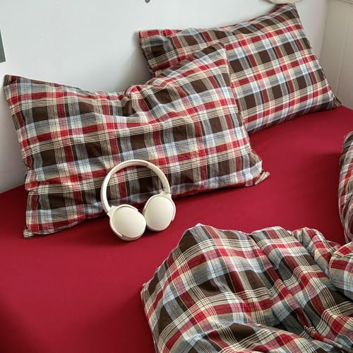 Image of LifeTB Red Brown Plaid Comforter Set Queen, 3 Pieces Vintage Checkered Grid Bed Comforter with 2 Pillowcases, Breathable Soft Comfy Farmhouse Plaid Pattern Printed Gingham Bedding Comforter Set