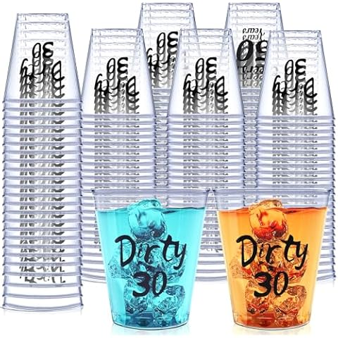 Kzeirm 110PCS Dirty 30 Plastic Shot Glasses Disposable 2oz Cups, Happy 30th Birthday Decorations for Him and Her Whiskey Women Men Anniversary Wedding, Shot Cups for Party Favors Cover