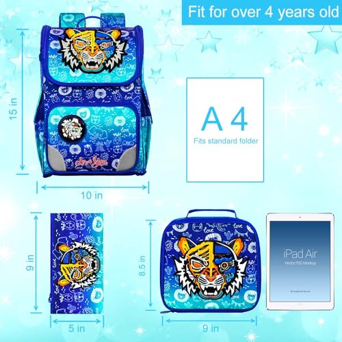 Image of HPJGD Boys Tiger Backpack, 15 inch Kids Bookabag with Lunch Box, 3PCS Shcool Bag Set for Elementary Preschool Toddler