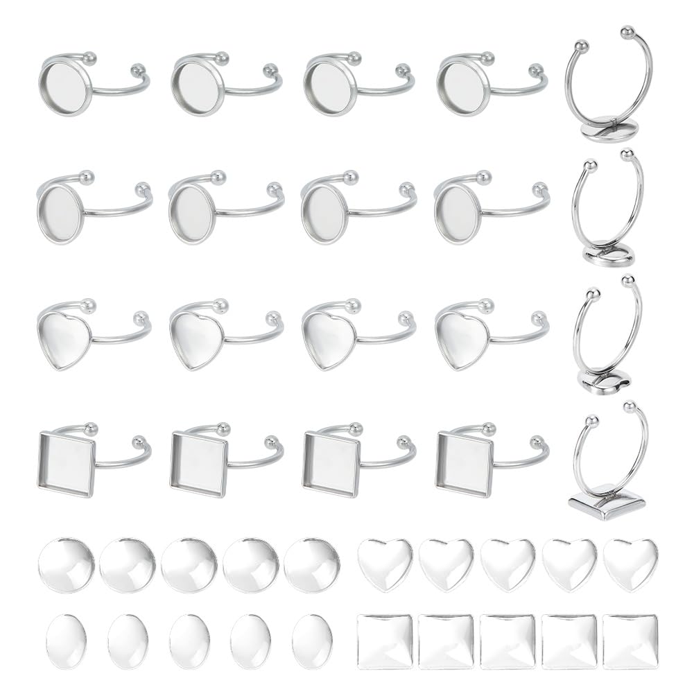 UNICRAFTALE 20pcs 4 Styles Adjustable Finger Rings & More - Base Blank Open Rings with Steel Bezels for DIY Jewelry Making