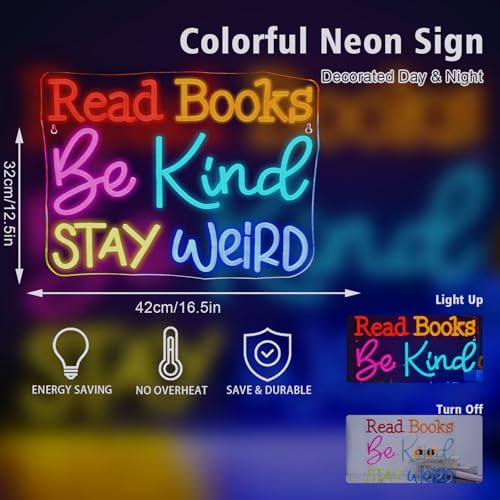 Image of Ineonlife Read Books Be Kind Stay Weird Neon Sign Classroom Neon Lights Girls Club For Wall Decor Colorful Light Up Sign For Boys Bedroom Living Room Bookstore Library Bookish Decoration Teen Gifts