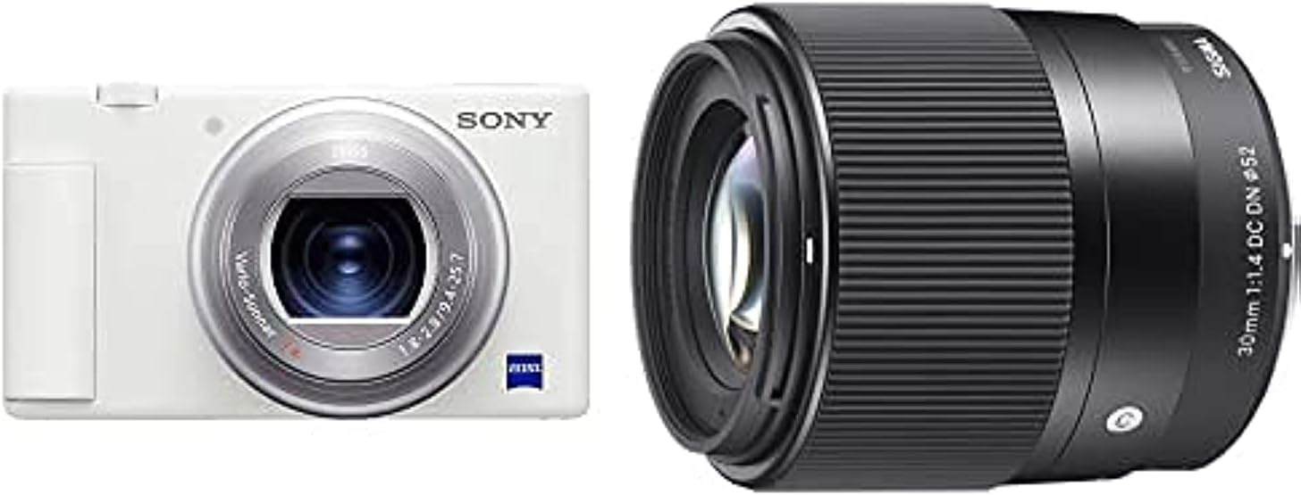 SonyZv-1 Vlog Camera White With Sigma 30mm F1.4 Contemporary Dc Dn Lens For Sony E