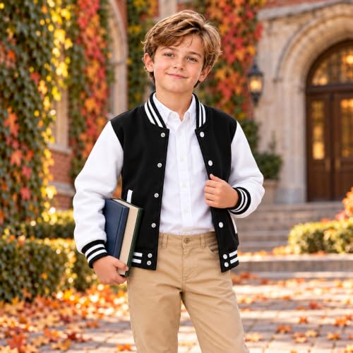 Image of Kids Baseball Jackets Boys Girls Fit Varsity Jacket Casual Lightweight Plain Button Cardigan School Coat