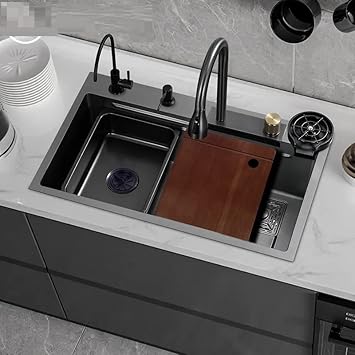 Modular Kitchen Sink 304 Grade Heavy Body Kitchen Sink With Waterfall Pullout Faucet, RO Mineral Water Tap, Glass Washer, Fruit Basket, Chopping Board, Single Bowl Kitchen Sink 30 x 18 x 9 Inches (Black Matt)