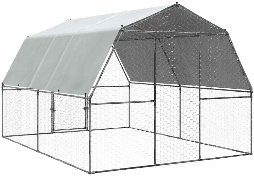 vidaXL Chicken Cage with Roof and Door, Large Chicken Coop, Walk in Chicken Cage for Outdoor Backyard, Hen Coop, Silver Galvanized Steel
