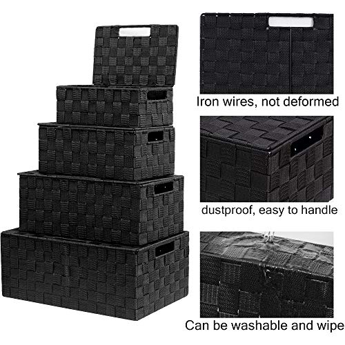 Vk Living Storage Baskets Woven Basket Bin Container Tote Cube Organizer Set Stackable Storage Basket Woven Strap Shelf Organizer Built-In Carry Handles (Lid Bins - 4 Pack, Black) #TOP4