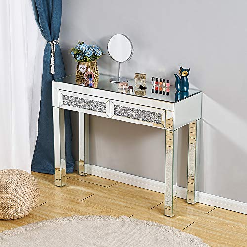 Panana - Mesa Tocador Cristal 2 Cajones con Tiradores Cómodas Pasillo Guarda Maquillajes Cosméticos Lámpara Fotos Flores Casa Dormitorio Salón Belleza Sala Entrada Moderna Lujosa (Modelo Diamantes)