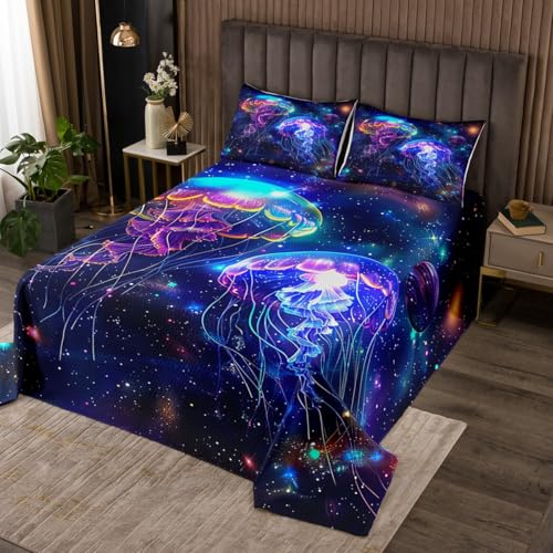 Homewish Jellyfish Coverlet Set Queen Size,Underwater Sealife Outer Space Durable Bedspread for Girls Teens,Planet Starry Galaxy Purple Blue Soft Polyester Quilt Set, with 2 Pillowcases
