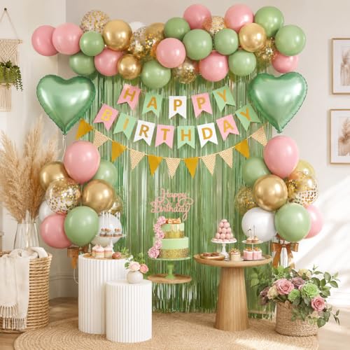 Image of Sage Green Pink Birthday Decorations,Olive Green Pink Birthday Balloons Set