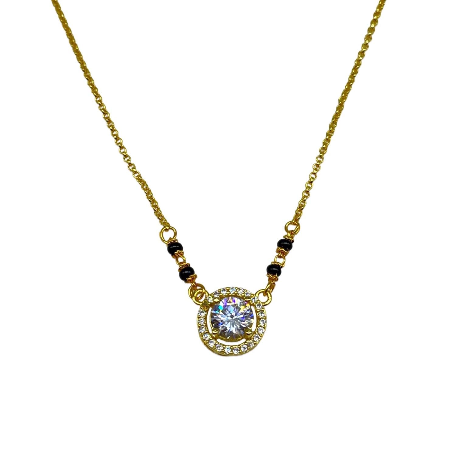 American Diamond Pendant Mangalsutra Designs Black Beads Single Line Gold Plated Chain Stylish New Necklace Fancy Mangalsutra Maharashtrian Tanmaniya Designs For Women (18 Inches)-image-0