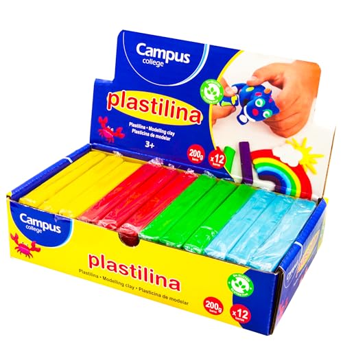 Campus College - Plastilina Multicolor 200 gramos, Pack de 12 barras de Pasta para Modelar perfecta para Manualidades y Uso Escolar para Niños (4 colores)