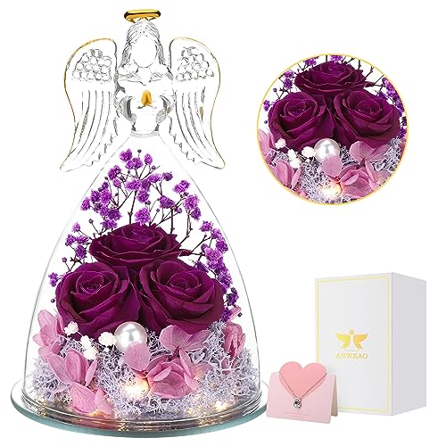 ANWEAO Christmas Angel Rose Gifts for Her, Glass Angel Figurine with Three Roses Gifts,Preserved Forever Real Rose Gifts for Women, Angel Guardian with Rose Flower Gifts, Birthday Gifts for Women