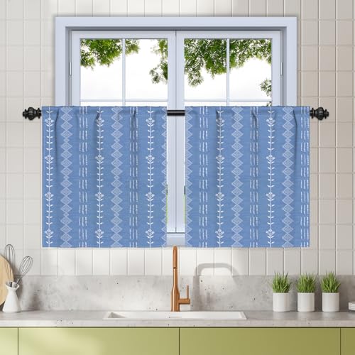 Renaiss 26 x 24 Inch Blue Boho Kitchen Curtains Tier Linen Striped Geometric Cafe Short Curtains Bohemian Light Filtering Curtain Rod Pocket Farmhouse Retro Small Drapes for Bathroom RV 2 Panels
